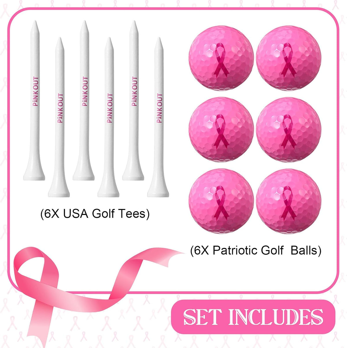 6 Pcs Pink Out Golf Balls and 6 Golf Tees with Pink Ribbon Scarf 3-1/4 Inch Breast Cancer Awareness Gift Set for Women Golfers Charity Event Fundraiser Sports Outdoor Practice