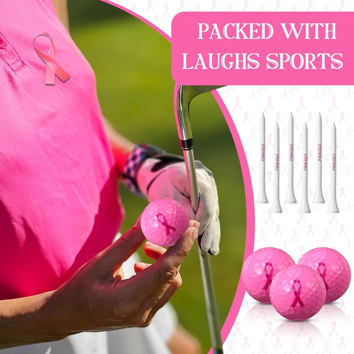 6 Pcs Pink Out Golf Balls and 6 Golf Tees with Pink Ribbon Scarf 3-1/4 Inch Breast Cancer Awareness Gift Set for Women Golfers Charity Event Fundraiser Sports Outdoor Practice