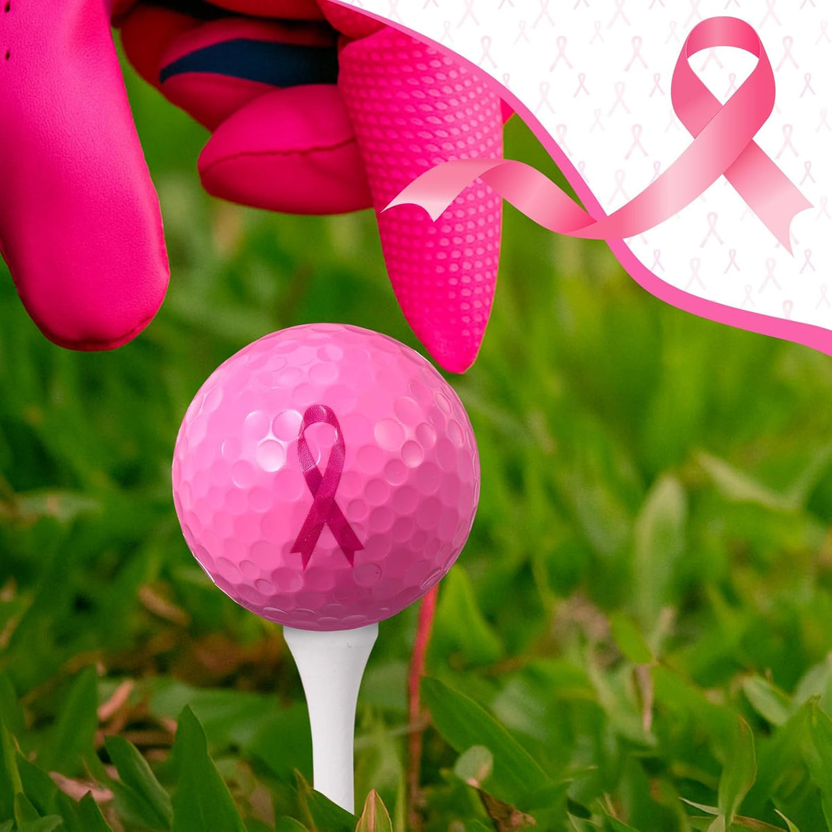 6 Pcs Pink Out Golf Balls and 6 Golf Tees with Pink Ribbon Scarf 3-1/4 Inch Breast Cancer Awareness Gift Set for Women Golfers Charity Event Fundraiser Sports Outdoor Practice