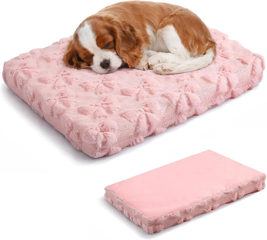 Pink Bow Dog Bed Mat Cute Dog Crate Pad with Removable Washable Cover Double Sided Cool and Warm 24 x 18.1 x 3 Inch Pink Puppy Bed