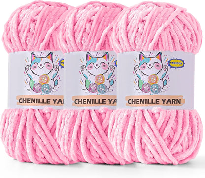 3 Pack Velvet Chenille Yarn for Crocheting and Knitting Beginners,Pink Velvet Plush Fuzzy Fluffy Chenille Yarn for Crochet Blankets/DIY Crafts(Pink)