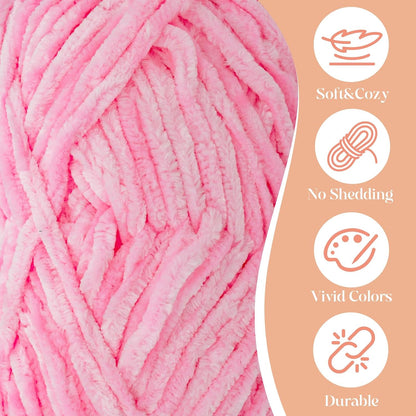 3 Pack Velvet Chenille Yarn for Crocheting and Knitting Beginners,Pink Velvet Plush Fuzzy Fluffy Chenille Yarn for Crochet Blankets/DIY Crafts(Pink)