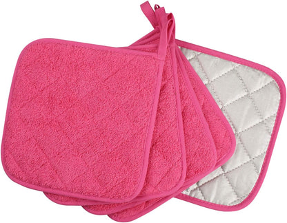 100% Cotton Kitchen Everyday Basic Terry Pot Holder Heat Resistant Coaster Potholder for Cooking and Baking Set of 5 (Dark Pink)