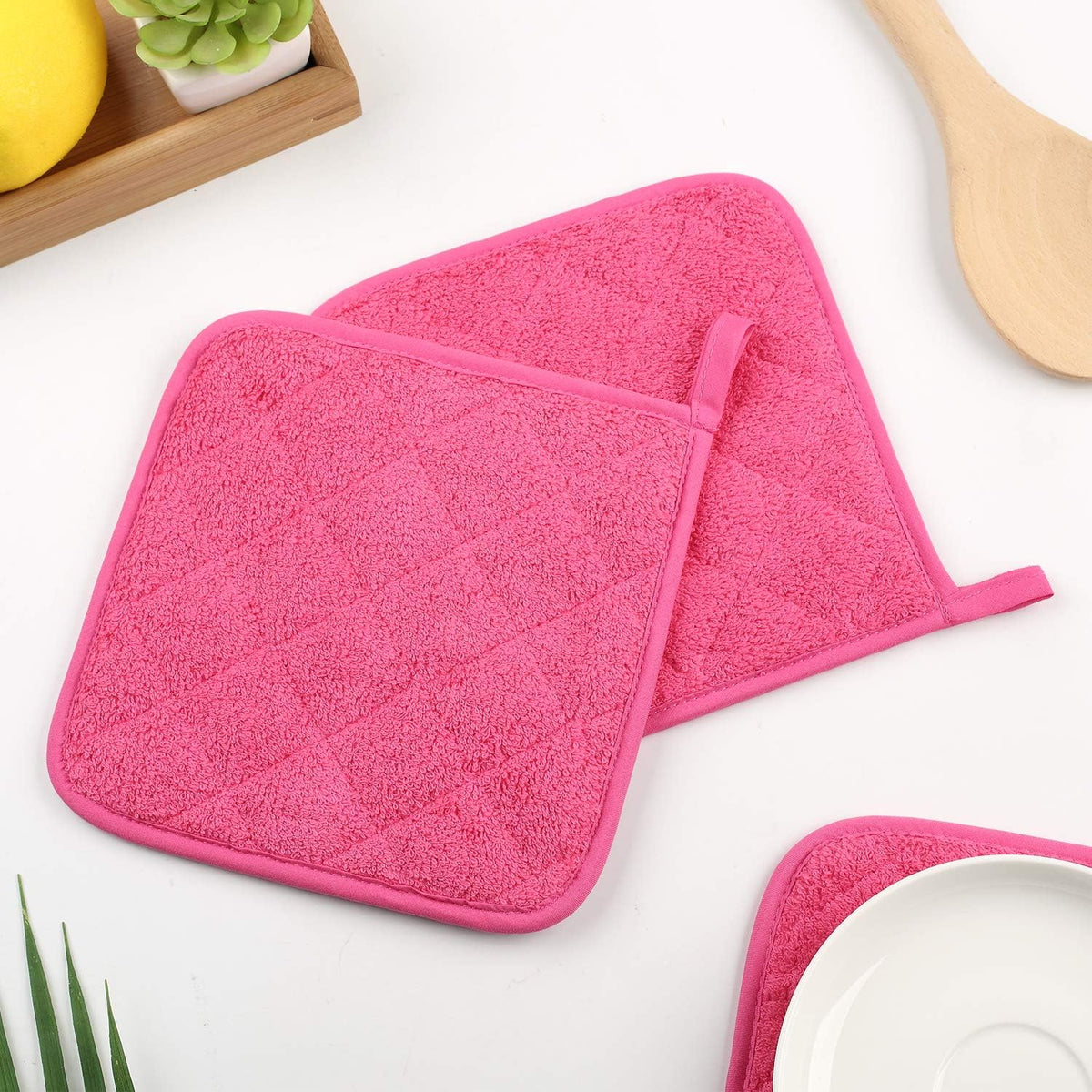 100% Cotton Kitchen Everyday Basic Terry Pot Holder Heat Resistant Coaster Potholder for Cooking and Baking Set of 5 (Dark Pink)