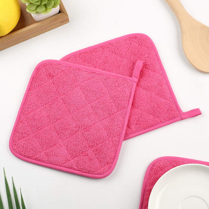 100% Cotton Kitchen Everyday Basic Terry Pot Holder Heat Resistant Coaster Potholder for Cooking and Baking Set of 5 (Dark Pink)