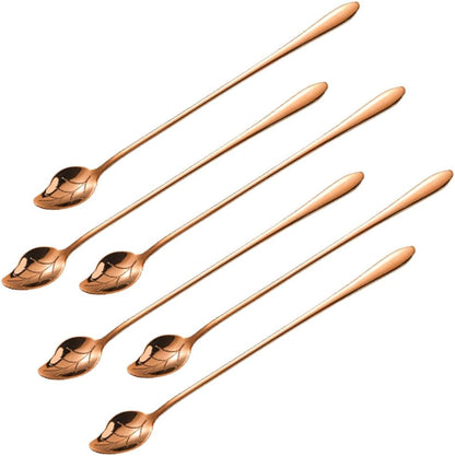 Set of 6 Premium Stainless Steel Spoons, 7.76" Long Spoons, Food-Grade 304, Cocktail Stirring Spoon, Leaf-Design, Versatile for Coffee, Ice Cream, Desserts, Teas (Rose Gold)