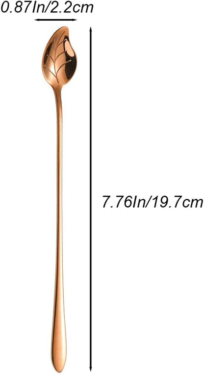Set of 6 Premium Stainless Steel Spoons, 7.76" Long Spoons, Food-Grade 304, Cocktail Stirring Spoon, Leaf-Design, Versatile for Coffee, Ice Cream, Desserts, Teas (Rose Gold)