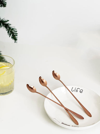 Set of 6 Premium Stainless Steel Spoons, 7.76" Long Spoons, Food-Grade 304, Cocktail Stirring Spoon, Leaf-Design, Versatile for Coffee, Ice Cream, Desserts, Teas (Rose Gold)