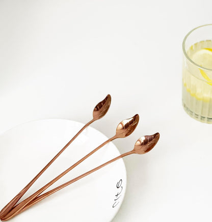 Set of 6 Premium Stainless Steel Spoons, 7.76" Long Spoons, Food-Grade 304, Cocktail Stirring Spoon, Leaf-Design, Versatile for Coffee, Ice Cream, Desserts, Teas (Rose Gold)