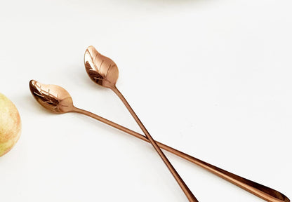 Set of 6 Premium Stainless Steel Spoons, 7.76" Long Spoons, Food-Grade 304, Cocktail Stirring Spoon, Leaf-Design, Versatile for Coffee, Ice Cream, Desserts, Teas (Rose Gold)