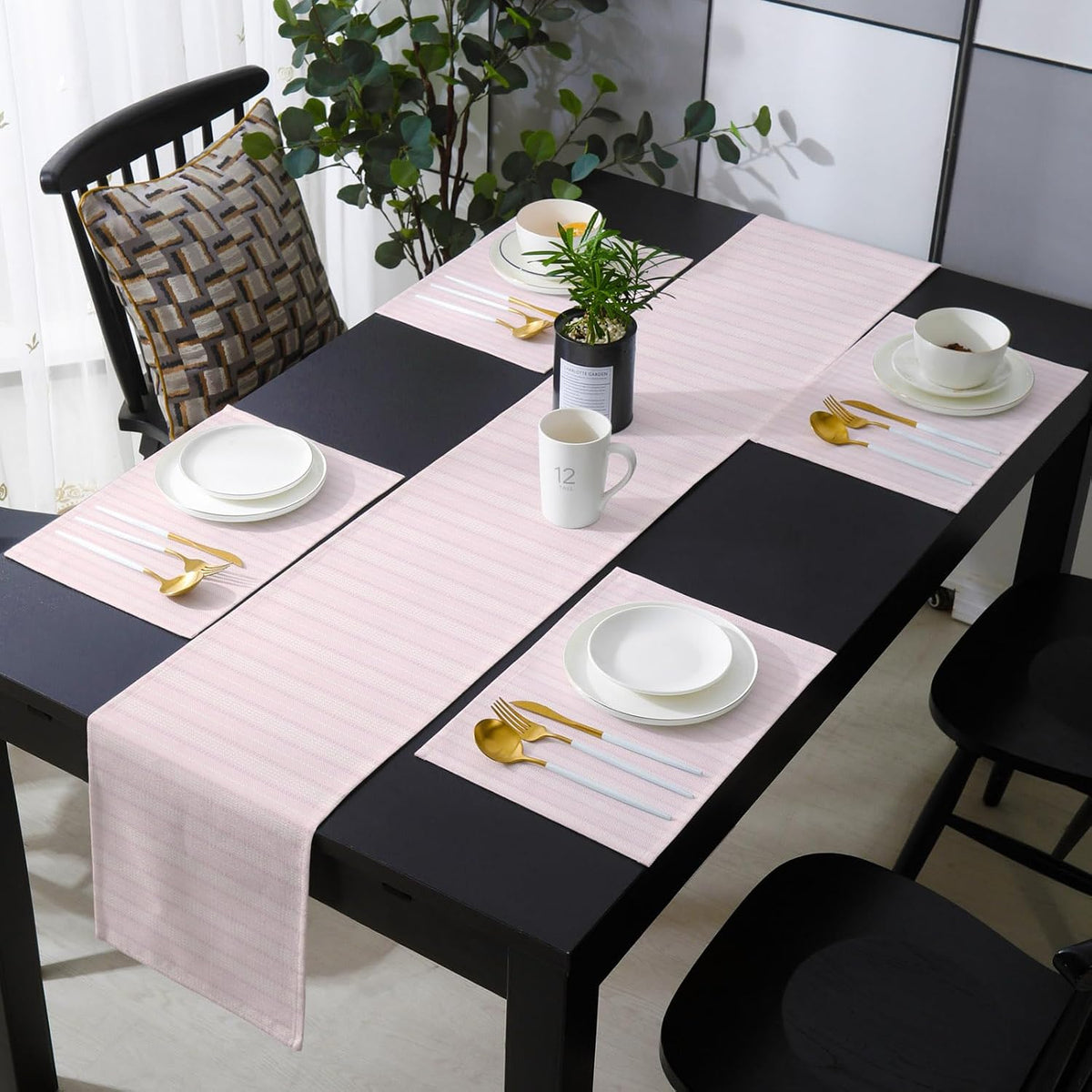Blush Pink Line Striped Table Runner and Placemats for Dining Table, Burlap Coffee Table Runner 90 Inch Long Farmhouse Pink Stripes Washable Table Mats for Kitchen Party Farmhouse Placemats Set of 6