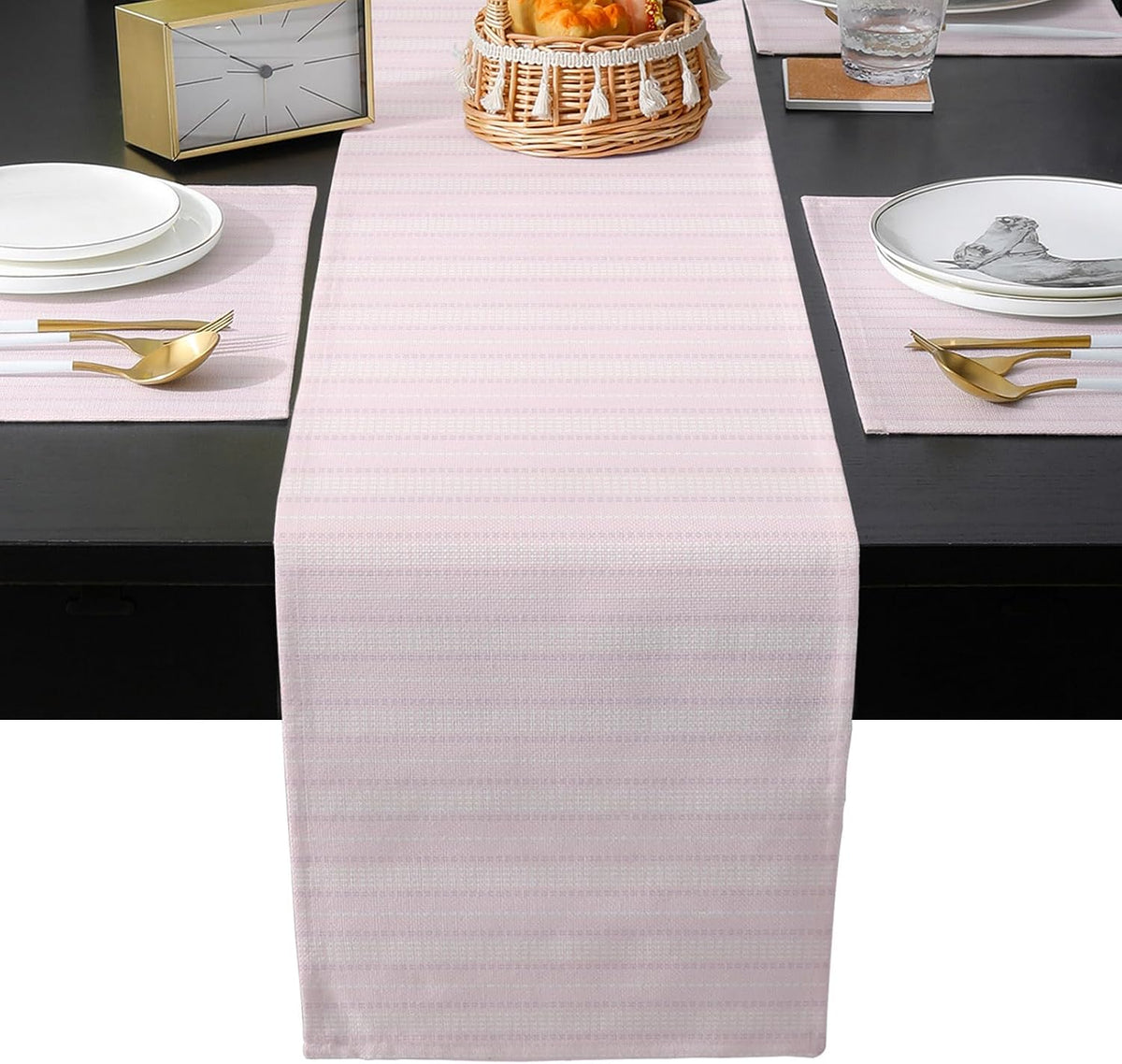 Blush Pink Line Striped Table Runner and Placemats for Dining Table, Burlap Coffee Table Runner 90 Inch Long Farmhouse Pink Stripes Washable Table Mats for Kitchen Party Farmhouse Placemats Set of 6