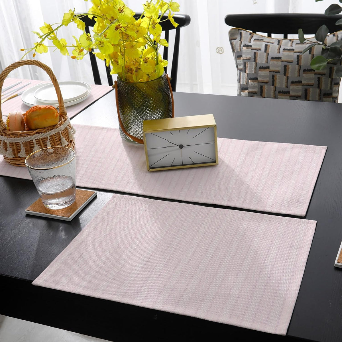 Blush Pink Line Striped Table Runner and Placemats for Dining Table, Burlap Coffee Table Runner 90 Inch Long Farmhouse Pink Stripes Washable Table Mats for Kitchen Party Farmhouse Placemats Set of 6