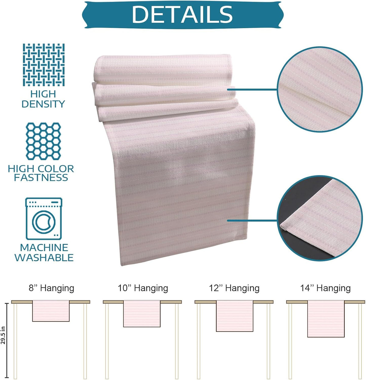 Blush Pink Line Striped Table Runner and Placemats for Dining Table, Burlap Coffee Table Runner 90 Inch Long Farmhouse Pink Stripes Washable Table Mats for Kitchen Party Farmhouse Placemats Set of 6