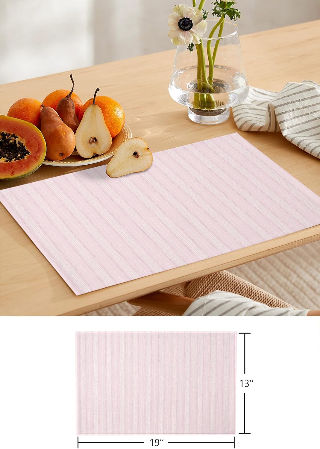 Blush Pink Line Striped Table Runner and Placemats for Dining Table, Burlap Coffee Table Runner 90 Inch Long Farmhouse Pink Stripes Washable Table Mats for Kitchen Party Farmhouse Placemats Set of 6