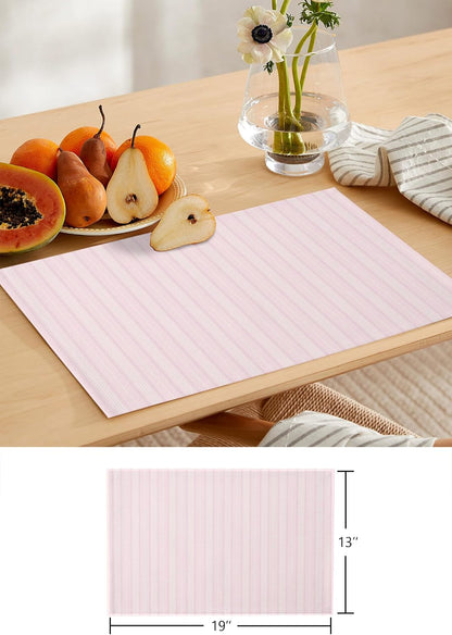 Blush Pink Line Striped Table Runner and Placemats for Dining Table, Burlap Coffee Table Runner 90 Inch Long Farmhouse Pink Stripes Washable Table Mats for Kitchen Party Farmhouse Placemats Set of 6