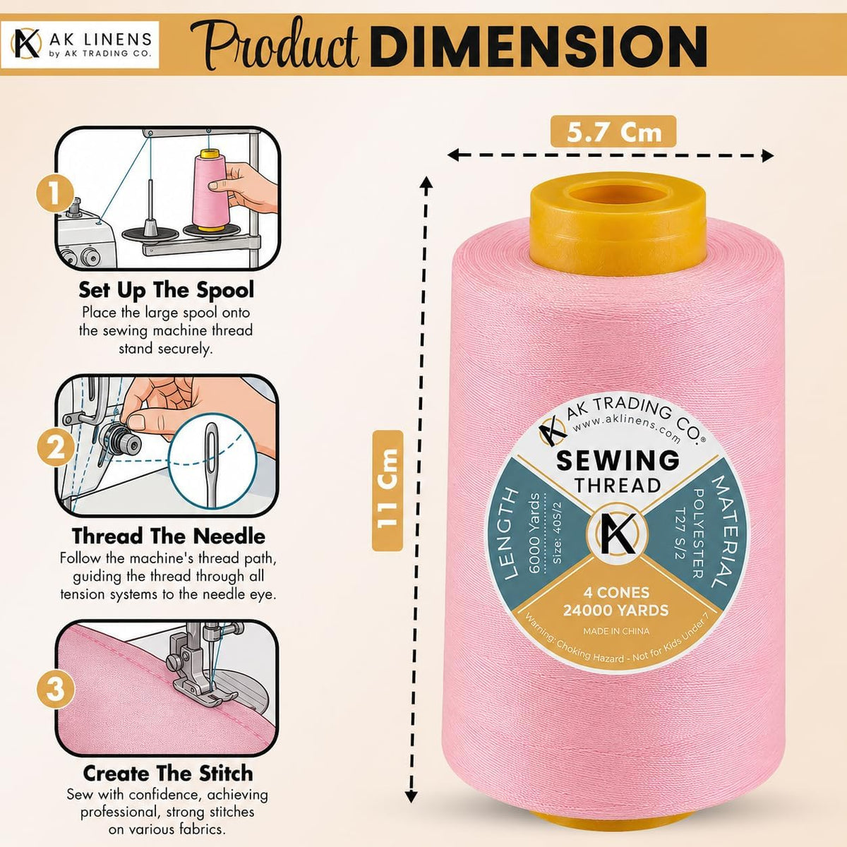 AK Trading 4-Pack Pink All Purpose Sewing Thread Cones (6000 Yards Each) of High Tensile Polyester Thread Spools for Sewing, Quilting, Serger Machines, Overlock, Merrow & Hand Embroidery.