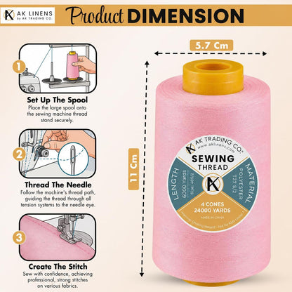 AK Trading 4-Pack Pink All Purpose Sewing Thread Cones (6000 Yards Each) of High Tensile Polyester Thread Spools for Sewing, Quilting, Serger Machines, Overlock, Merrow & Hand Embroidery.