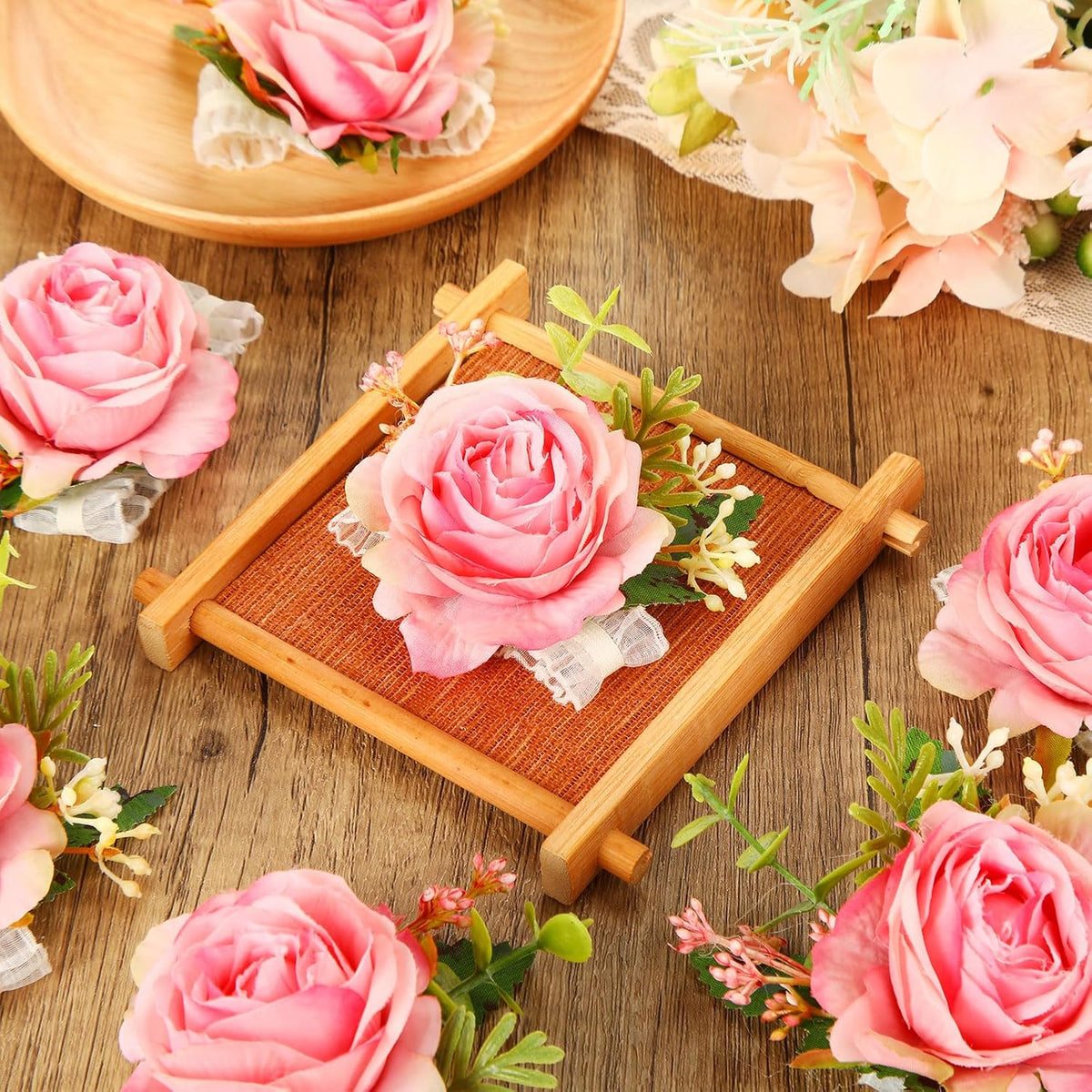 24 Pcs Corsage Wristlet for Wedding Bridesmaid Women, Peach Pink