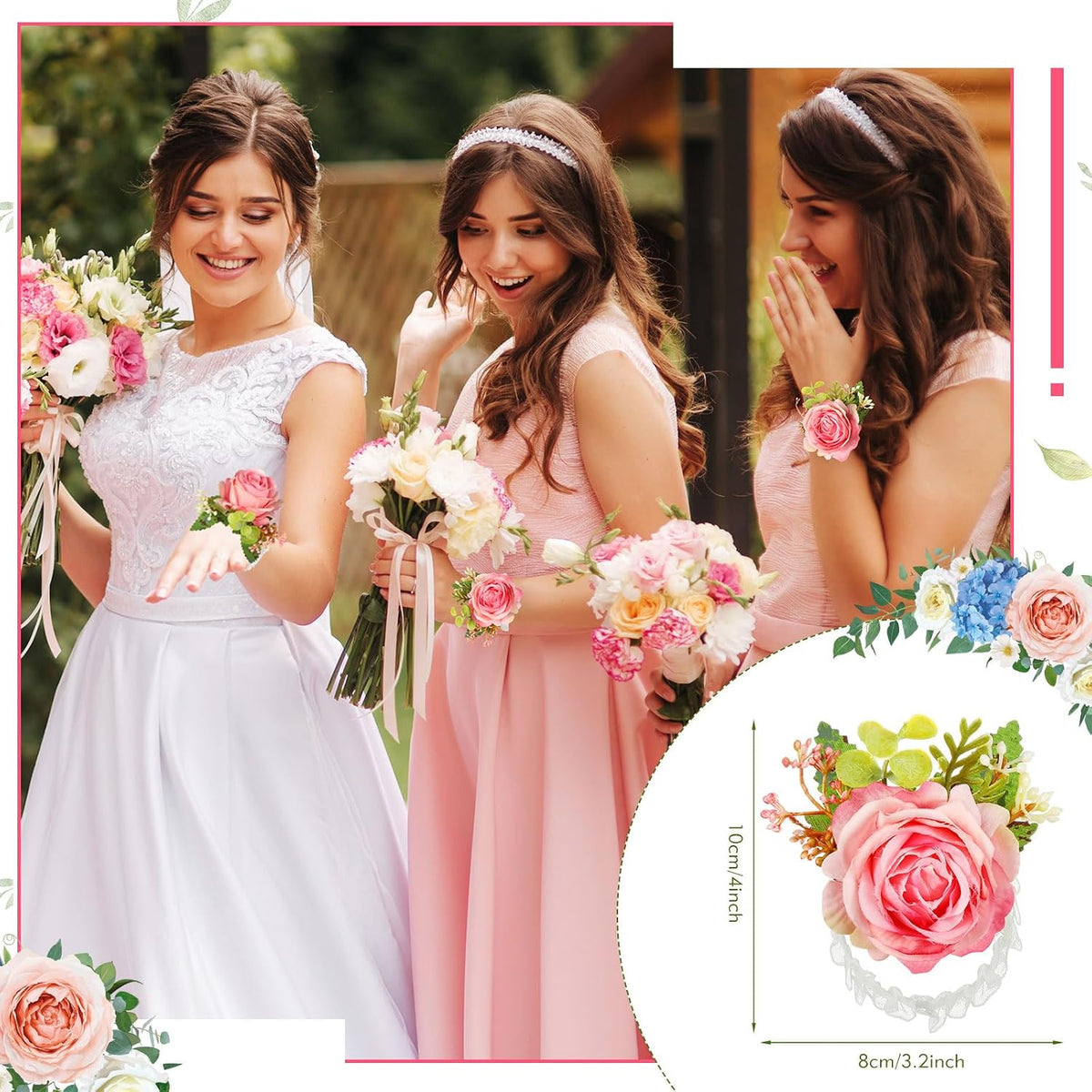 24 Pcs Corsage Wristlet for Wedding Bridesmaid Women, Peach Pink