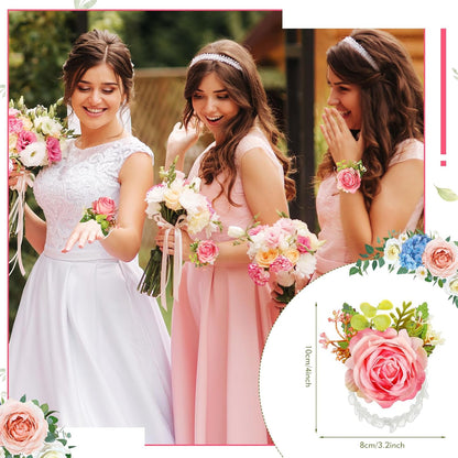 24 Pcs Corsage Wristlet for Wedding Bridesmaid Women, Peach Pink