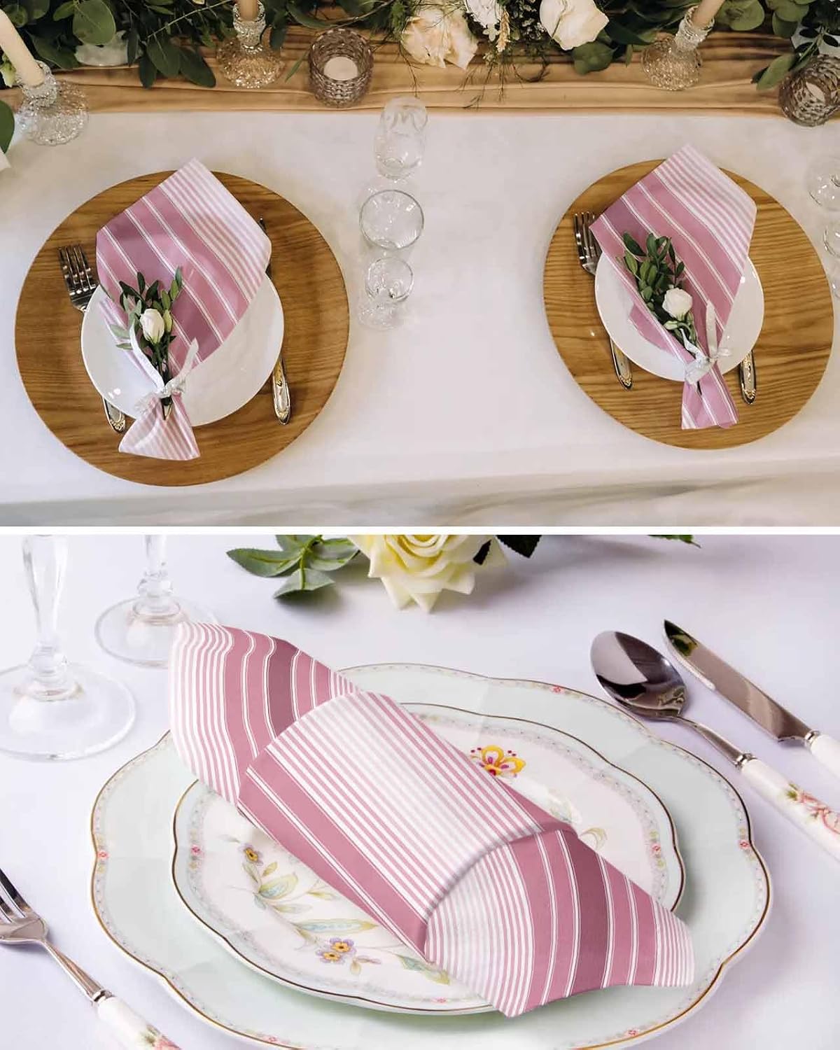 Pink Ombre Stripe Cloth Napkins, Farmhouse Simple Striped Washable and Reusable Dinner Napkins Set of 2, Table Napkin for Kitchen Party Birthday Wedding Hotel Housewarming 20''x20''