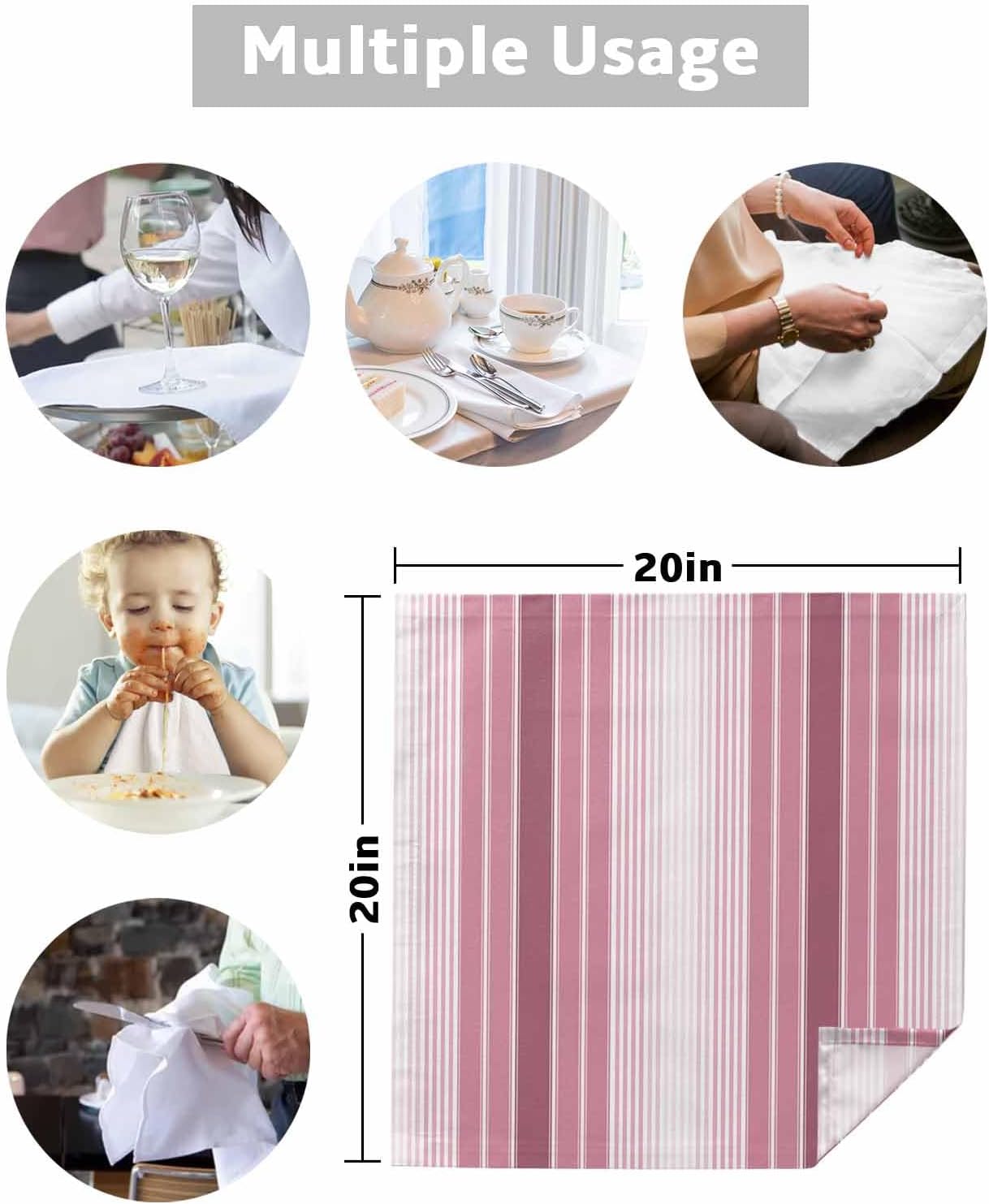 Pink Ombre Stripe Cloth Napkins, Farmhouse Simple Striped Washable and Reusable Dinner Napkins Set of 2, Table Napkin for Kitchen Party Birthday Wedding Hotel Housewarming 20''x20''