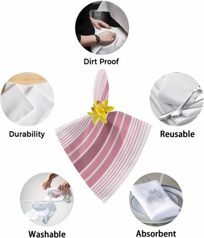 Pink Ombre Stripe Cloth Napkins, Farmhouse Simple Striped Washable and Reusable Dinner Napkins Set of 2, Table Napkin for Kitchen Party Birthday Wedding Hotel Housewarming 20''x20''