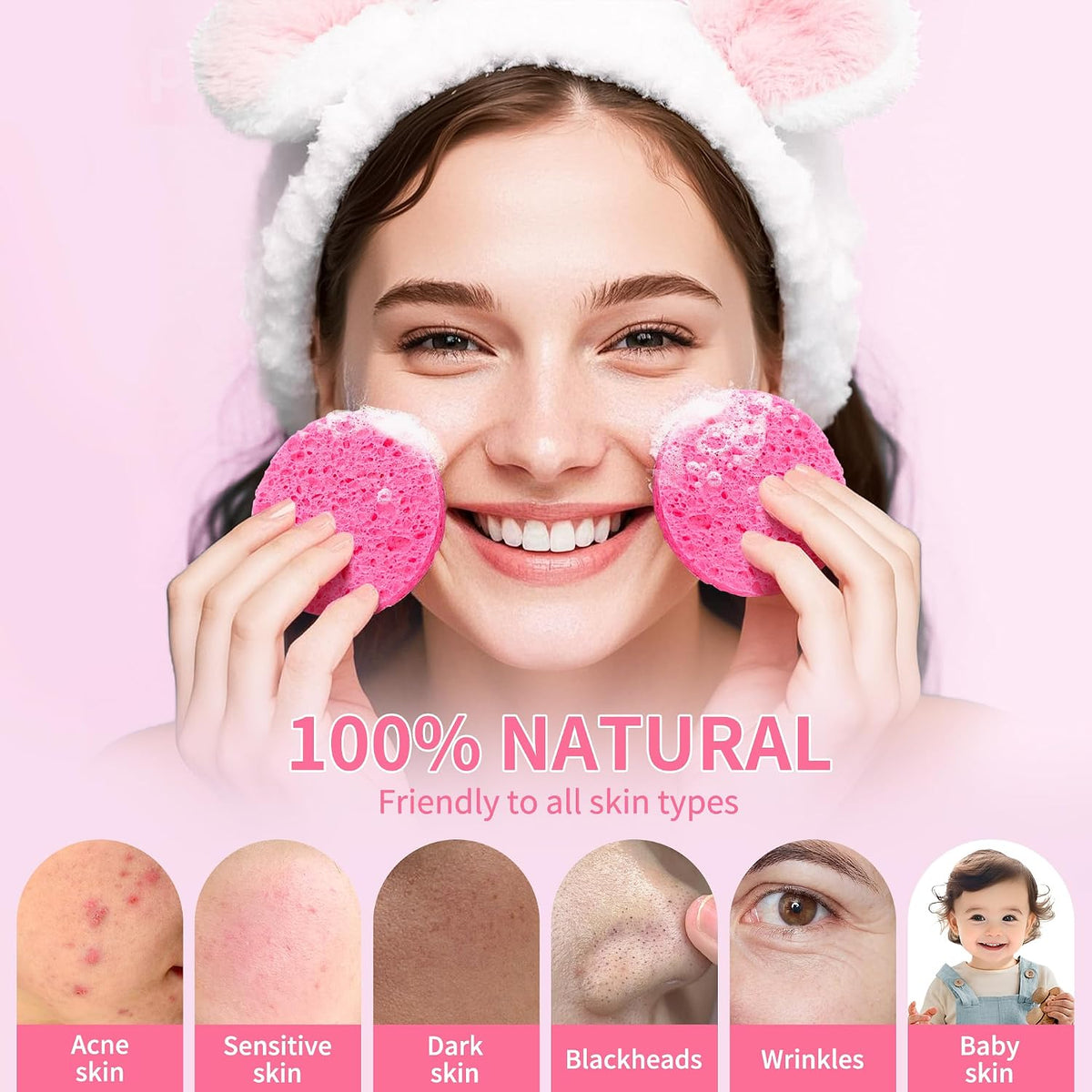 100-Count Compressed Facial Sponges, Natural Cellulose, Pink