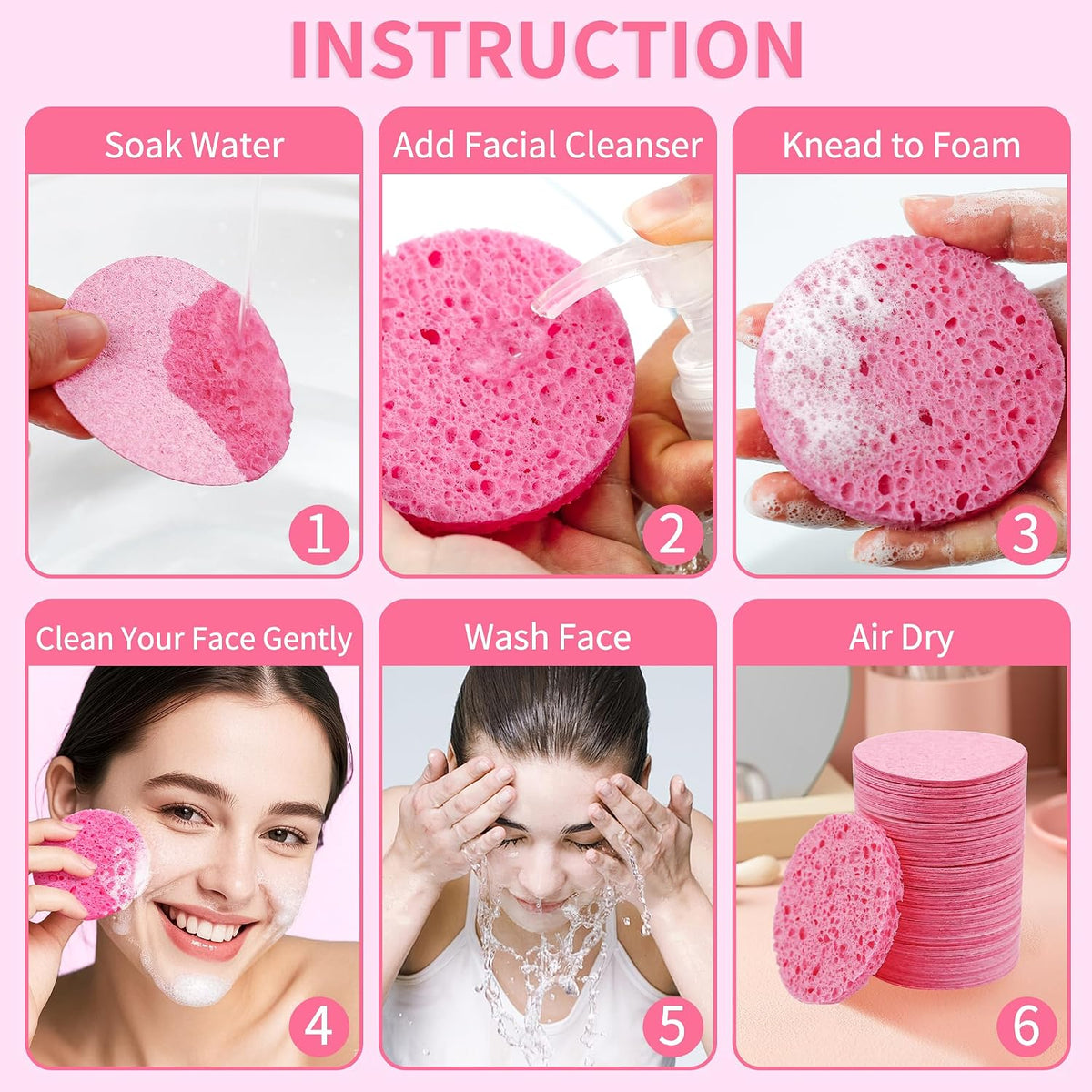 100-Count Compressed Facial Sponges, Natural Cellulose, Pink