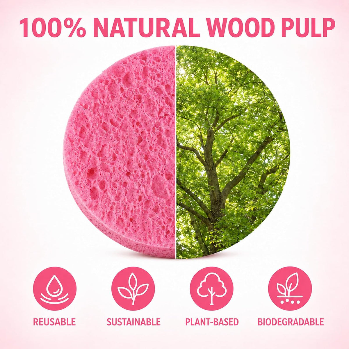 100-Count Compressed Facial Sponges, Natural Cellulose, Pink