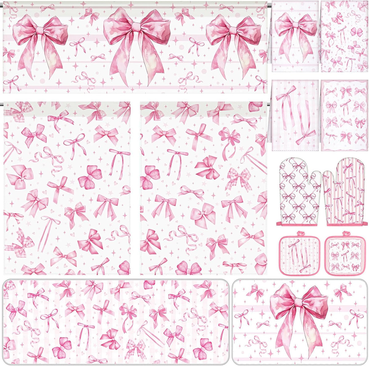 13 Pcs Pink Bow Kitchen Decor Set 3 Coquette Kitchen Curtains Valance 2 Aesthetic Rugs and Mats 4 Girly Hand Towels 2 Pink Pot Holders 2 Oven Mitts for Home Decor Cooking Grilling Housewarming Gift