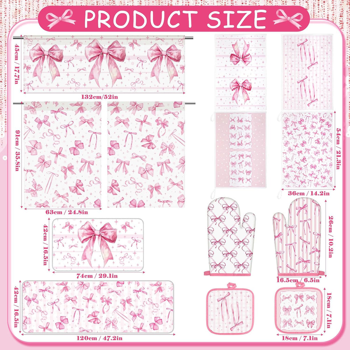 13 Pcs Pink Bow Kitchen Decor Set 3 Coquette Kitchen Curtains Valance 2 Aesthetic Rugs and Mats 4 Girly Hand Towels 2 Pink Pot Holders 2 Oven Mitts for Home Decor Cooking Grilling Housewarming Gift