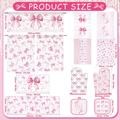 13 Pcs Pink Bow Kitchen Decor Set 3 Coquette Kitchen Curtains Valance 2 Aesthetic Rugs and Mats 4 Girly Hand Towels 2 Pink Pot Holders 2 Oven Mitts for Home Decor Cooking Grilling Housewarming Gift