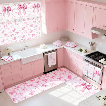 13 Pcs Pink Bow Kitchen Decor Set 3 Coquette Kitchen Curtains Valance 2 Aesthetic Rugs and Mats 4 Girly Hand Towels 2 Pink Pot Holders 2 Oven Mitts for Home Decor Cooking Grilling Housewarming Gift