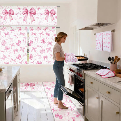 13 Pcs Pink Bow Kitchen Decor Set 3 Coquette Kitchen Curtains Valance 2 Aesthetic Rugs and Mats 4 Girly Hand Towels 2 Pink Pot Holders 2 Oven Mitts for Home Decor Cooking Grilling Housewarming Gift