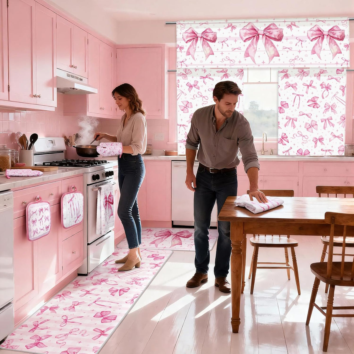 13 Pcs Pink Bow Kitchen Decor Set 3 Coquette Kitchen Curtains Valance 2 Aesthetic Rugs and Mats 4 Girly Hand Towels 2 Pink Pot Holders 2 Oven Mitts for Home Decor Cooking Grilling Housewarming Gift