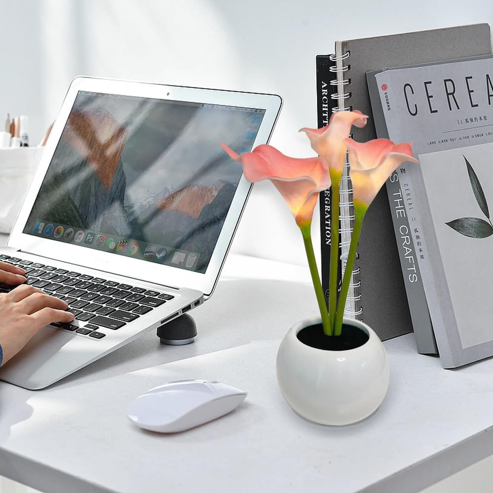 Pink Calla Lily Lamp LED Simulation Calla Lily Night Lamp with Ceramic Vase Bedroom Bedside Lamp for Home Living Room Desktop Decorations (Pink)