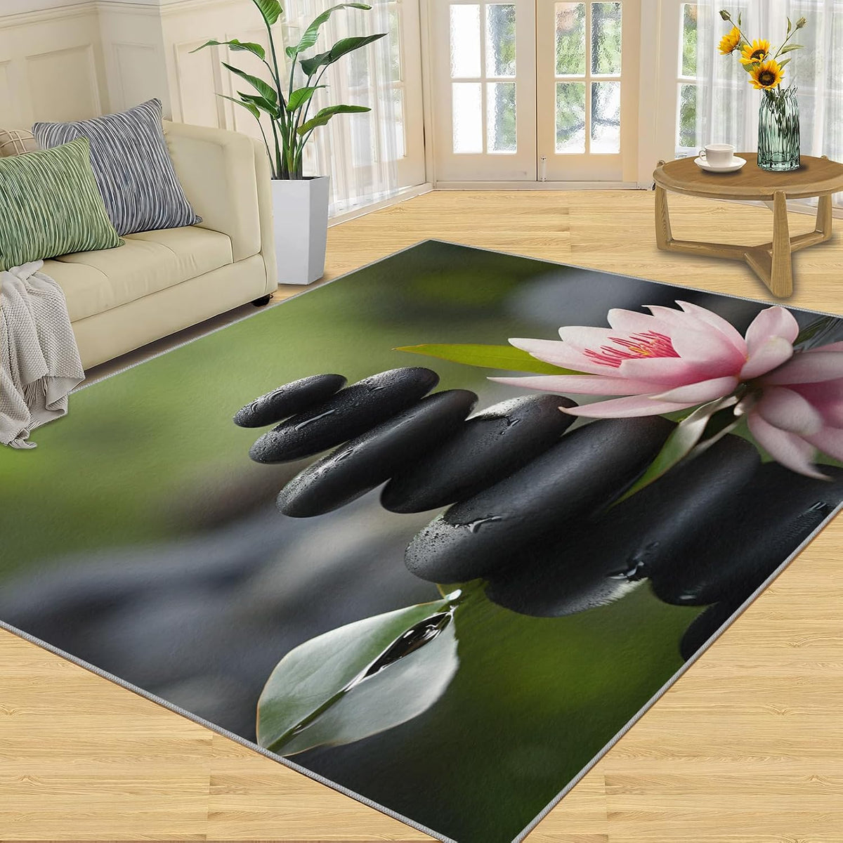 Zen Area Rug - Bathroom Rug 3x4 - Spa Stone Rugs for Bedroom Pink Lotus Design - Soft & Non Slip & Washable Rugs for Living Room - Green Leaves Decor