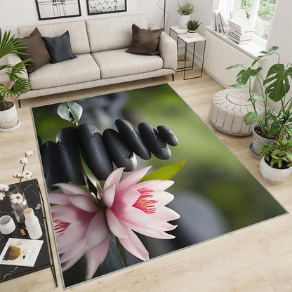 Zen Area Rug - Bathroom Rug 3x4 - Spa Stone Rugs for Bedroom Pink Lotus Design - Soft & Non Slip & Washable Rugs for Living Room - Green Leaves Decor