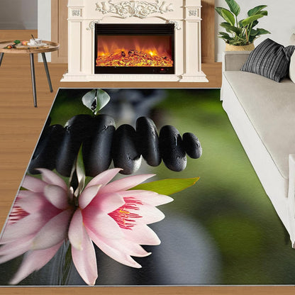 Zen Area Rug - Bathroom Rug 3x4 - Spa Stone Rugs for Bedroom Pink Lotus Design - Soft & Non Slip & Washable Rugs for Living Room - Green Leaves Decor