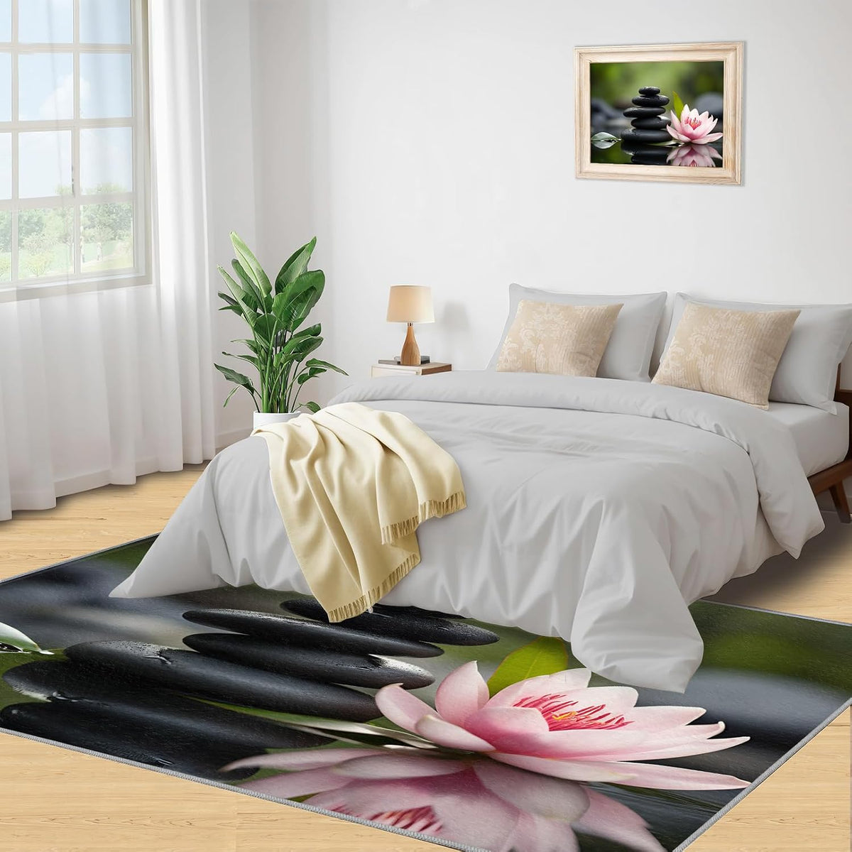 Zen Area Rug - Bathroom Rug 3x4 - Spa Stone Rugs for Bedroom Pink Lotus Design - Soft & Non Slip & Washable Rugs for Living Room - Green Leaves Decor