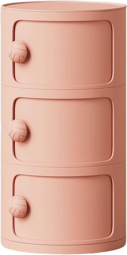 3 Tier Round Nightstand with Drawers, Plastic Pink Nightstand Modern Round Bedside Table with Handles and Sliding Door for Bedroom, Living Room