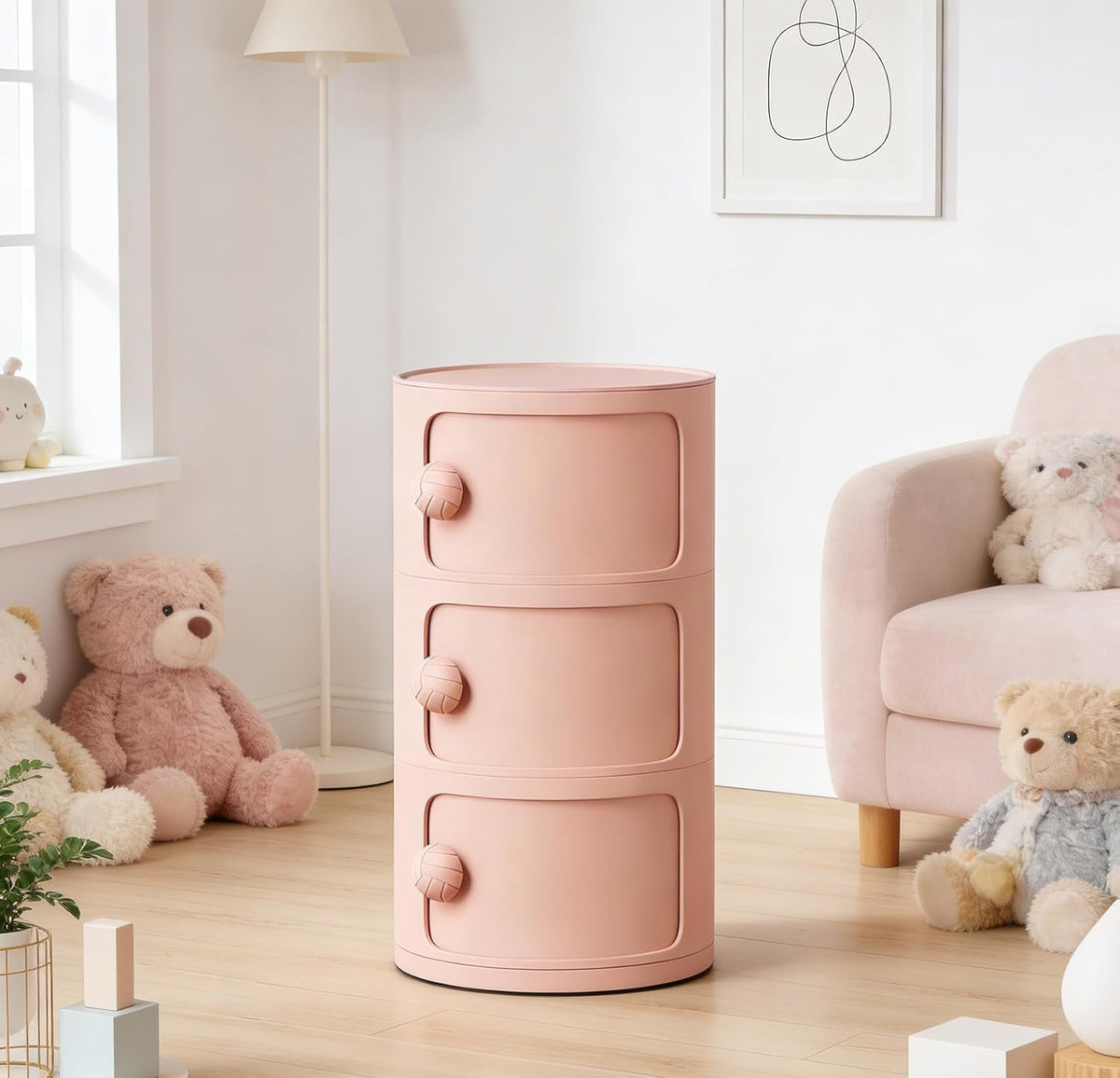 3 Tier Round Nightstand with Drawers, Plastic Pink Nightstand Modern Round Bedside Table with Handles and Sliding Door for Bedroom, Living Room