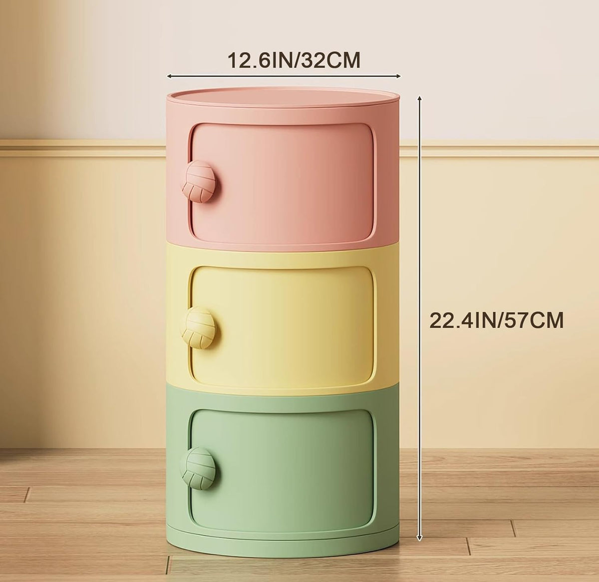 3 Tier Round Nightstand with Drawers, Plastic Pink Nightstand Modern Round Bedside Table with Handles and Sliding Door for Bedroom, Living Room
