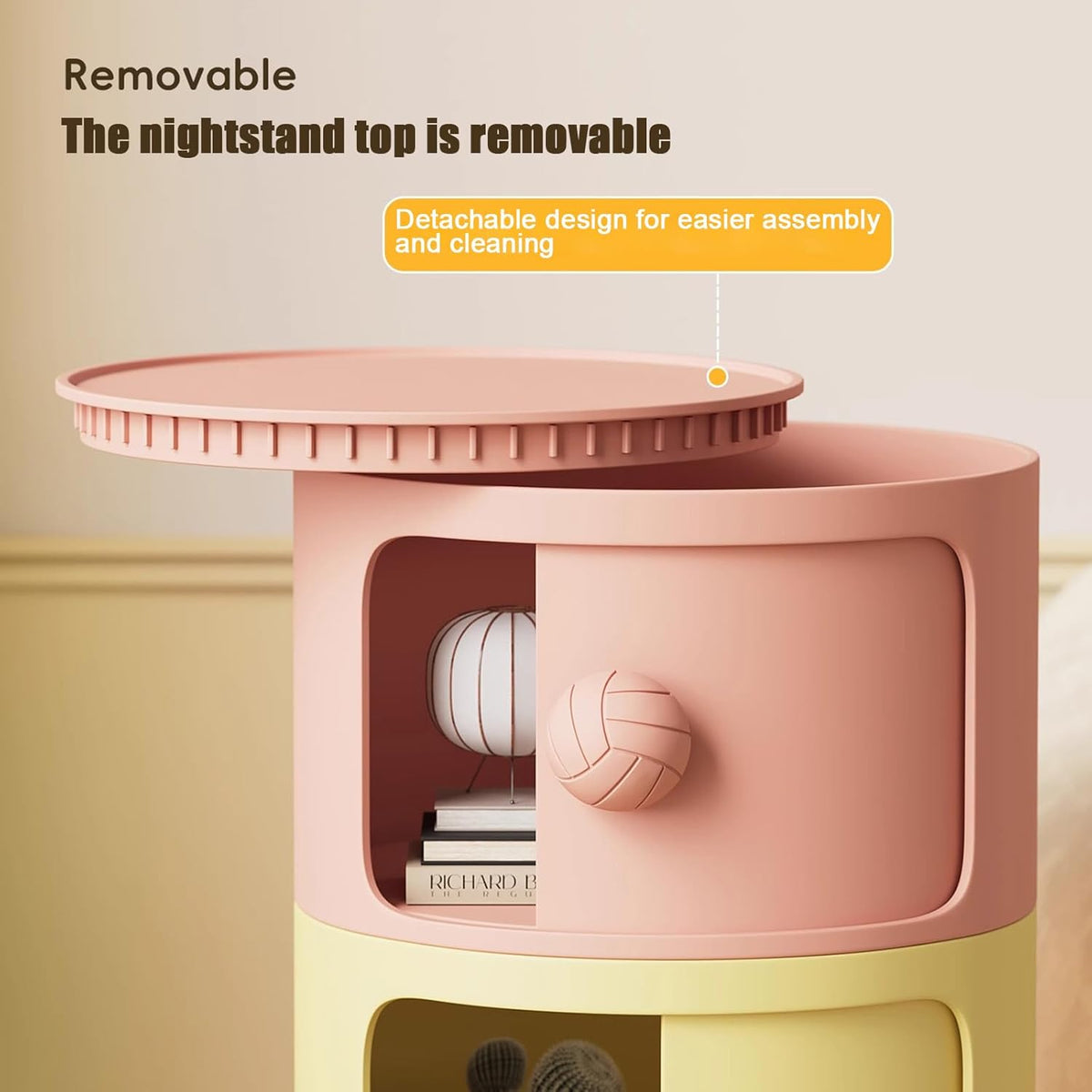 3 Tier Round Nightstand with Drawers, Plastic Pink Nightstand Modern Round Bedside Table with Handles and Sliding Door for Bedroom, Living Room