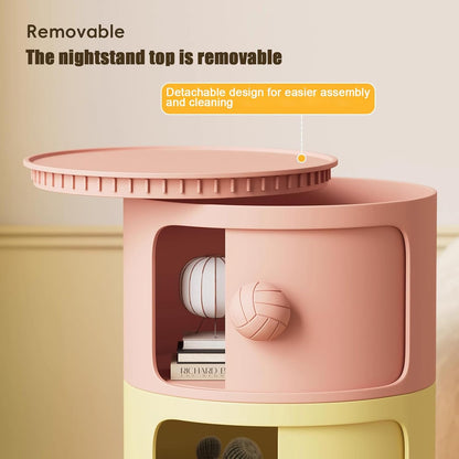 3 Tier Round Nightstand with Drawers, Plastic Pink Nightstand Modern Round Bedside Table with Handles and Sliding Door for Bedroom, Living Room