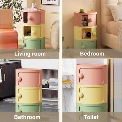 3 Tier Round Nightstand with Drawers, Plastic Pink Nightstand Modern Round Bedside Table with Handles and Sliding Door for Bedroom, Living Room