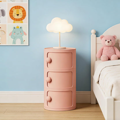 3 Tier Round Nightstand with Drawers, Plastic Pink Nightstand Modern Round Bedside Table with Handles and Sliding Door for Bedroom, Living Room
