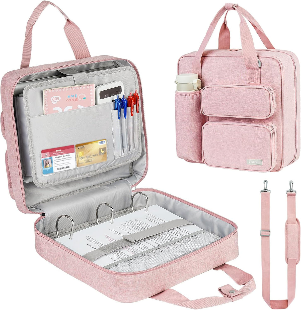 Zipper Binder 3 Ring, 700 Sheets Capacity, Binder 3 Inch with Shoulder Strap Fits 13 Inch Laptop for School and Office,Pink